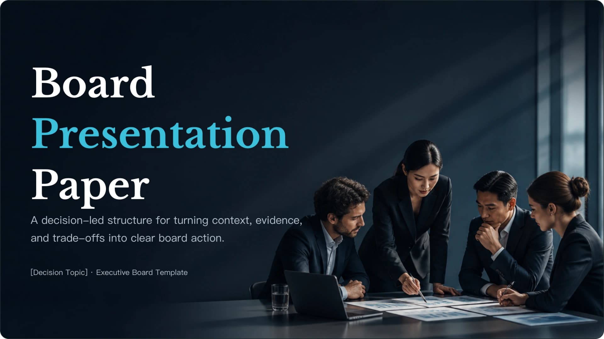 Slide 1: Board Presentation Paper preview of Dark Executive Board Decision & Strategy Presentation presentation template