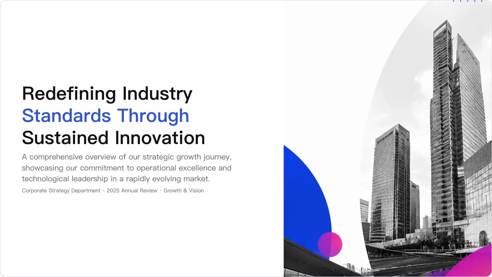 Slide 1: Redefining Industry Standards Through Sustained Innovation preview of Corporate Growth & Company Profile Presentation Template presentation template