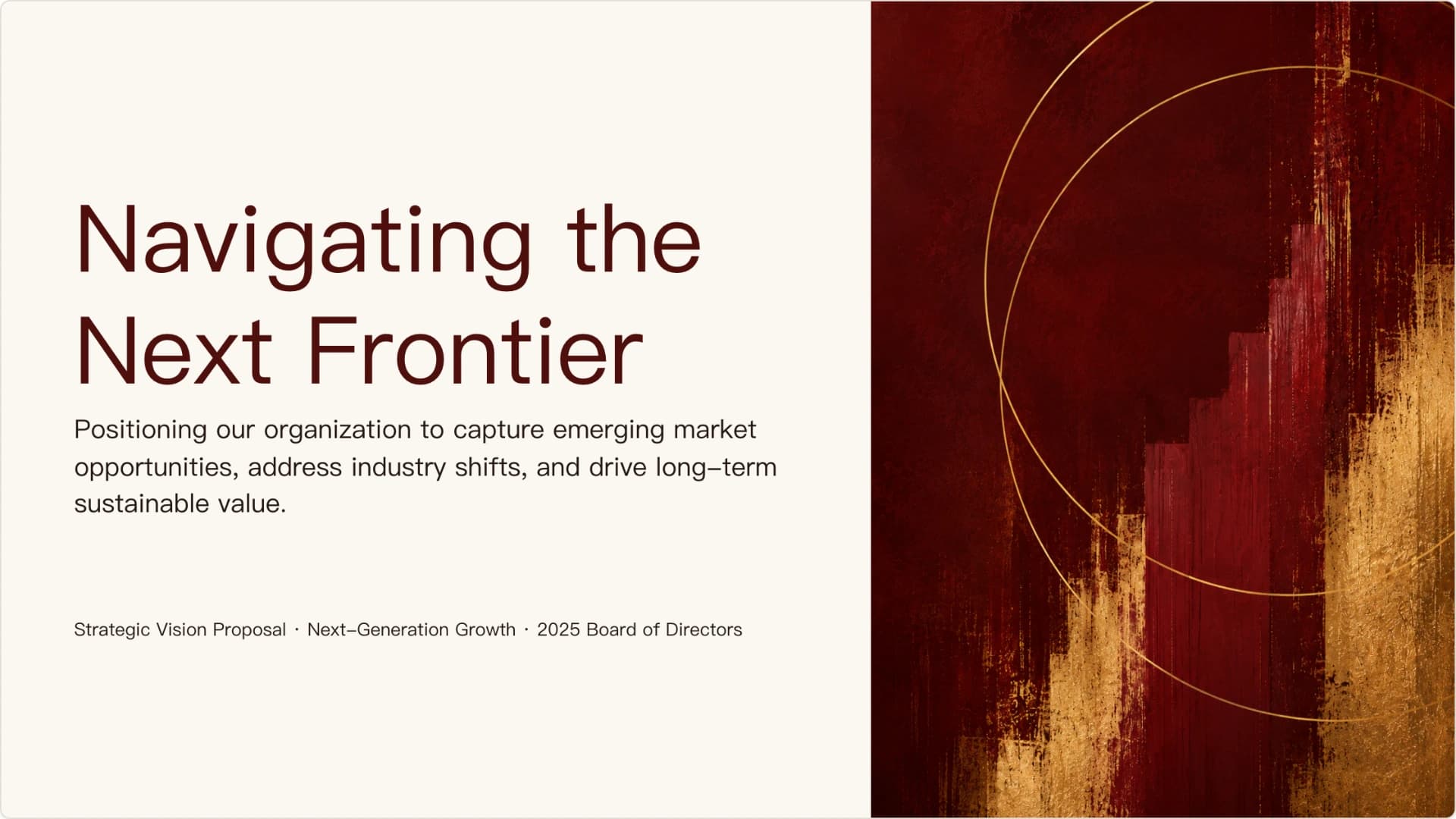 Slide 1: Navigating the Next Frontier preview of AI-Generated Corporate Strategy, Market Opportunity and Board Presentation Template presentation template