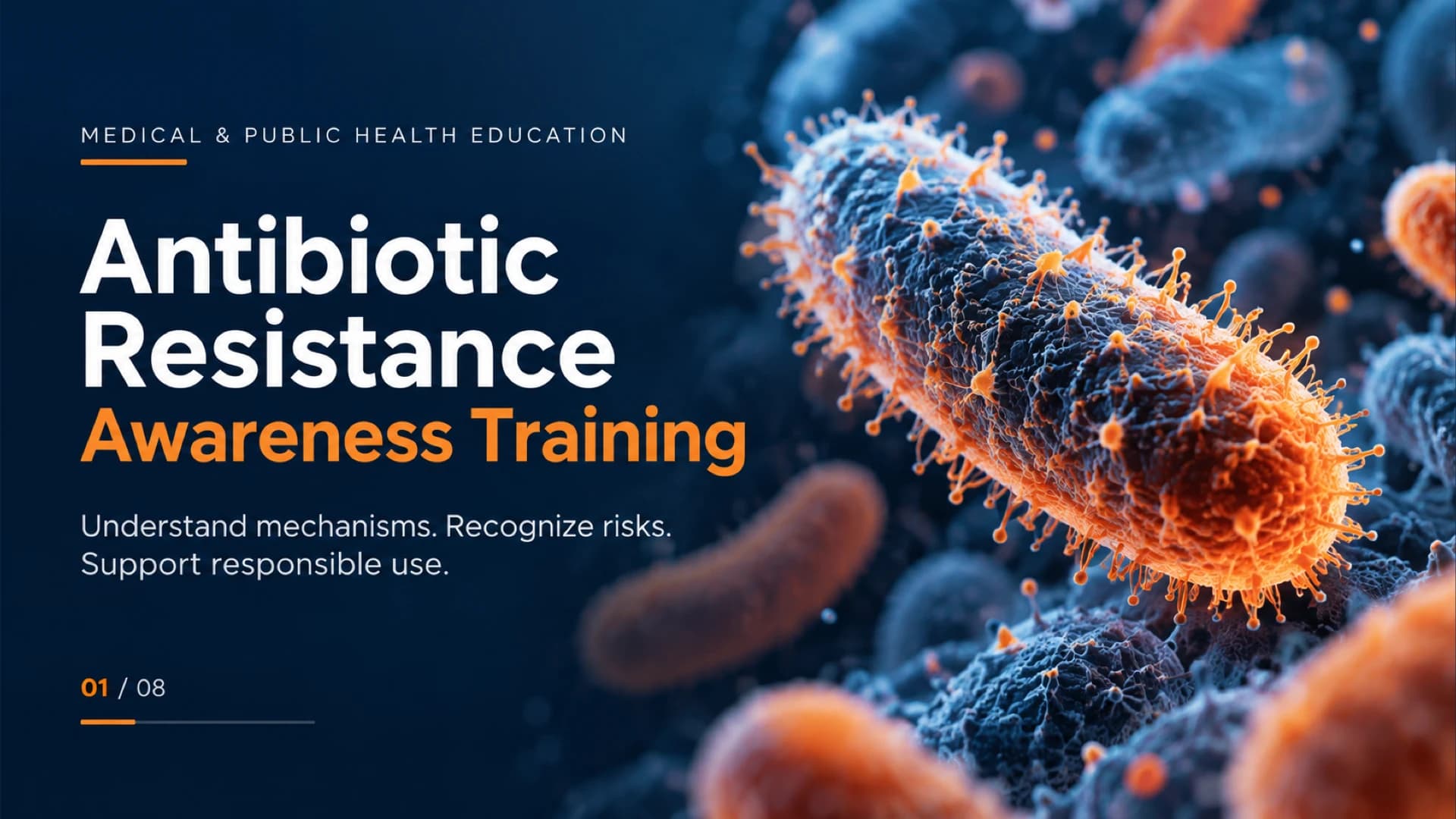 Deckblatt zur Schulung über Antibiotikaresistenzen mit großem weißem und orangefarbenem Text auf dunkelblauem Grund neben blauen und orangefarbenen Bakterienillustrationen.