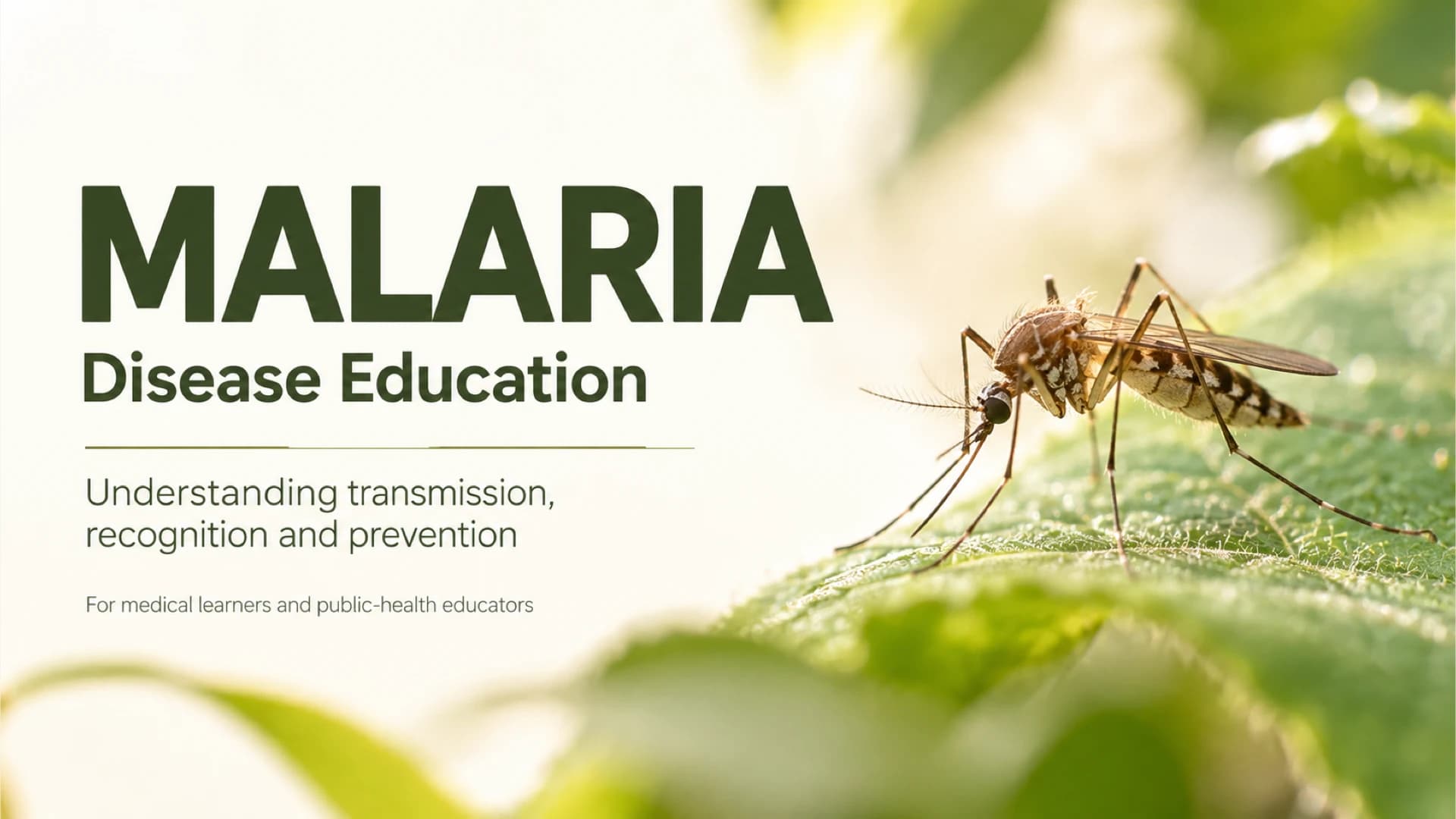 Malaria disease education cover with deep olive text on a warm white background and a close-up mosquito photograph on a leaf.
