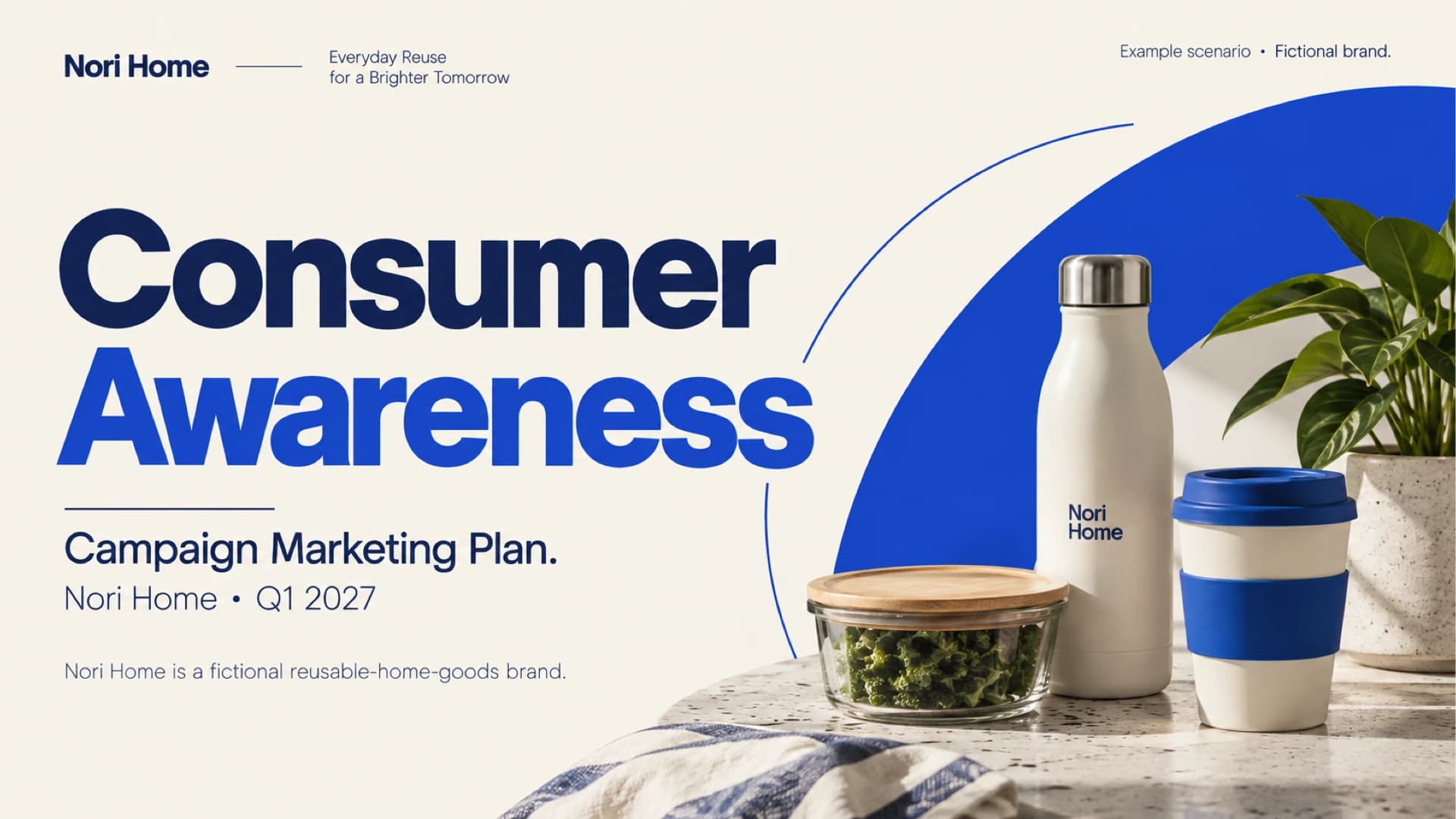 Cream and cobalt consumer awareness campaign cover with oversized text beside a reusable bottle, cup and food container; the Nori Home brand is marked fictional.