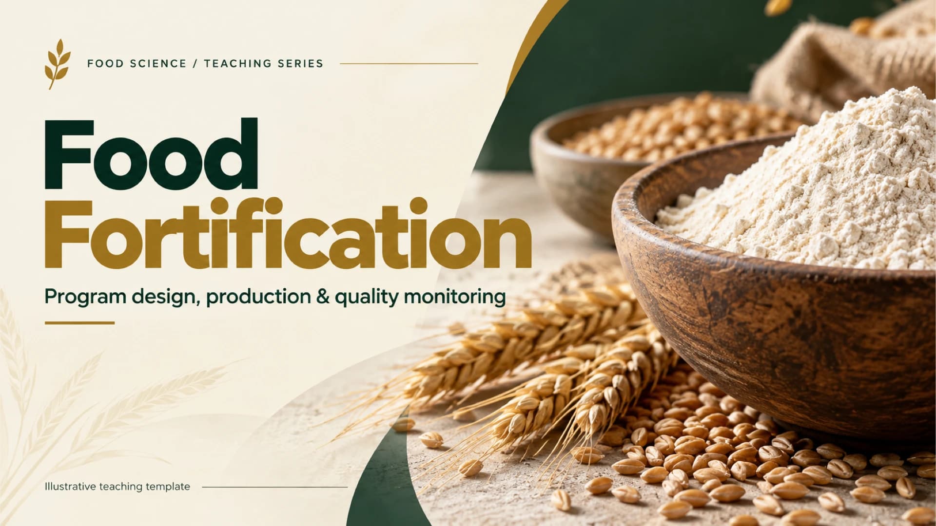 Ivory food fortification cover with large green and ochre type beside a bowl of flour, wheat grains and ears of wheat.