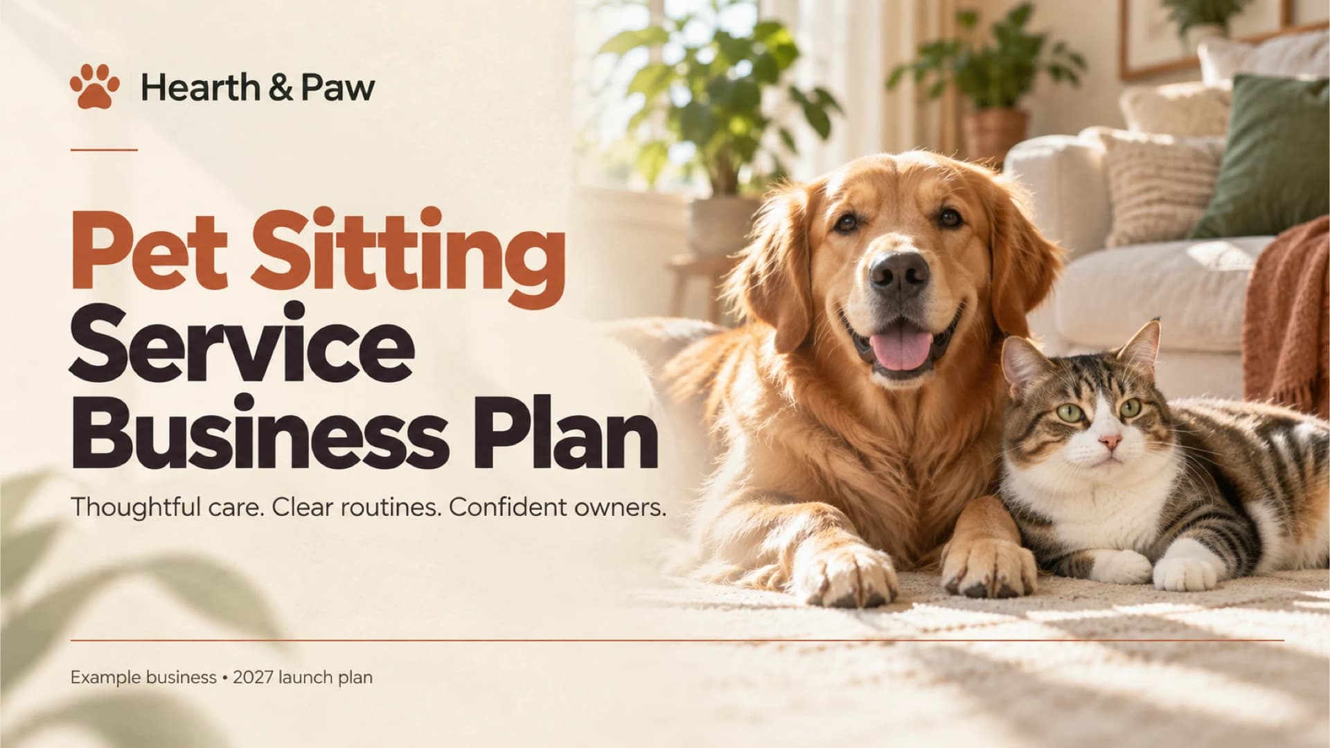 Pet sitting business-plan cover with oversized terracotta and dark headings beside a golden retriever and tabby cat in a warm living room.