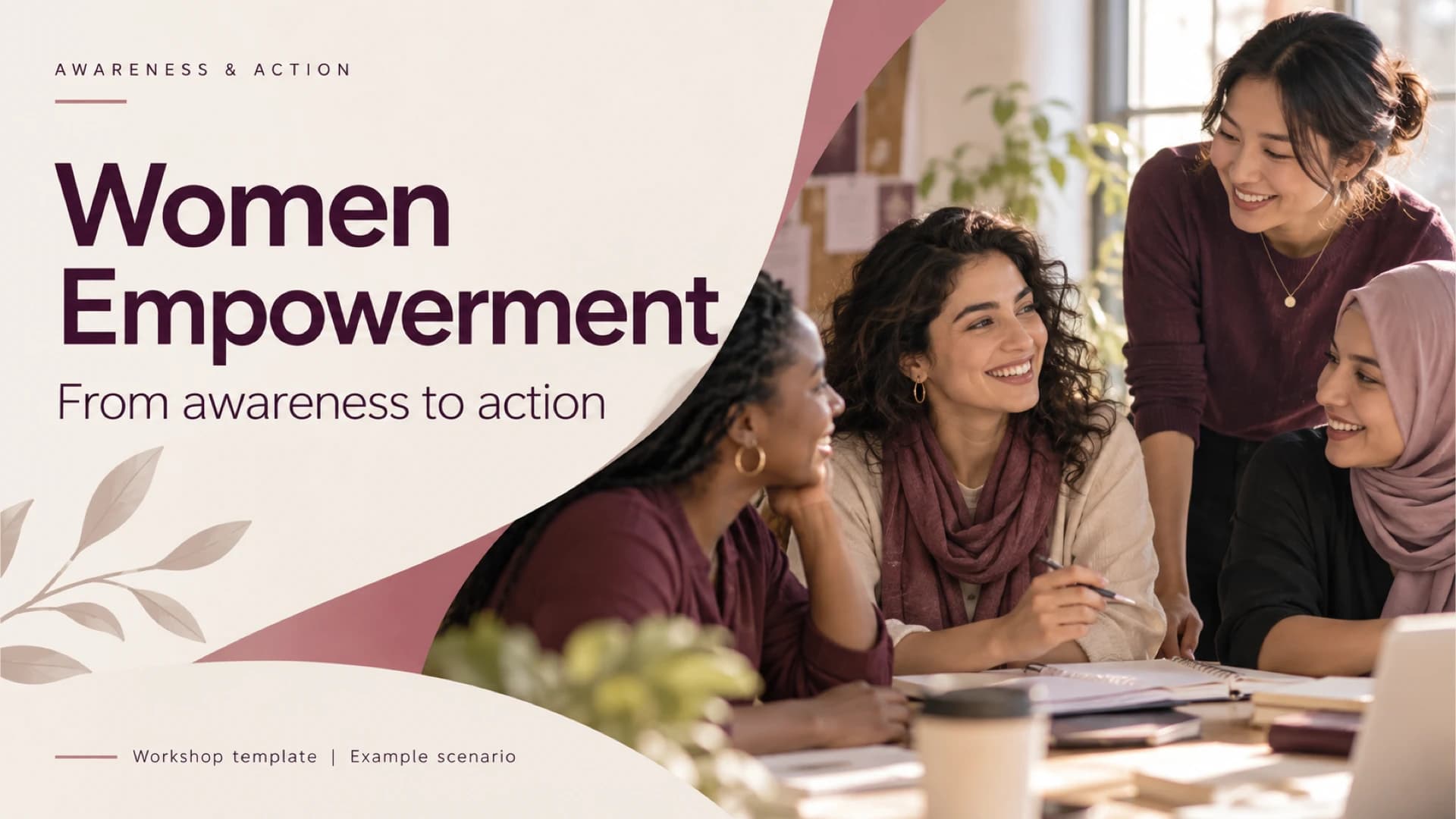 Titelfolie des Women-Empowerment-Workshops mit markanter pflaumenfarbener Schrift auf cremefarbenem Grund und einem Foto von vier Frauen an einem Besprechungstisch.
