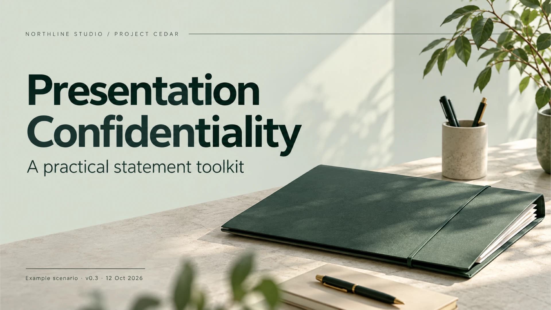 Presentation Confidentiality cover with dark green type beside a green document folder, pen cup and plant in a sunlit workspace.