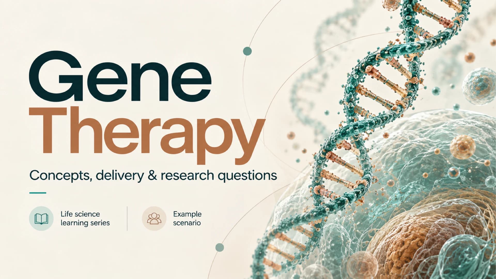 Deckblatt zur Gentherapie mit petrol- und kupferfarbener Schrift neben einer detaillierten DNA-Helix und Zellillustration auf elfenbeinfarbenem Hintergrund