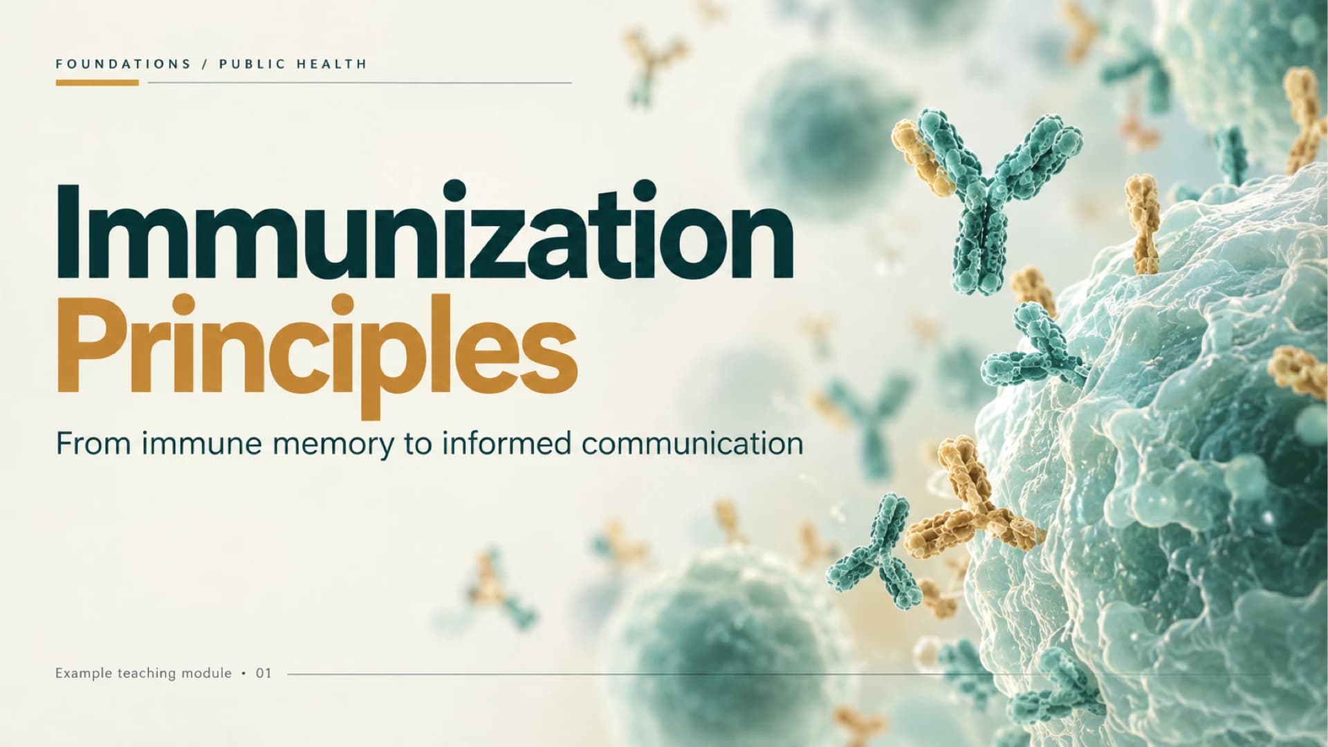 Titelfolie zu Immunisierungsprinzipien mit großer Überschrift in Petrol und Gold neben Antikörper- und Zellgrafiken auf elfenbeinfarbenem Hintergrund
