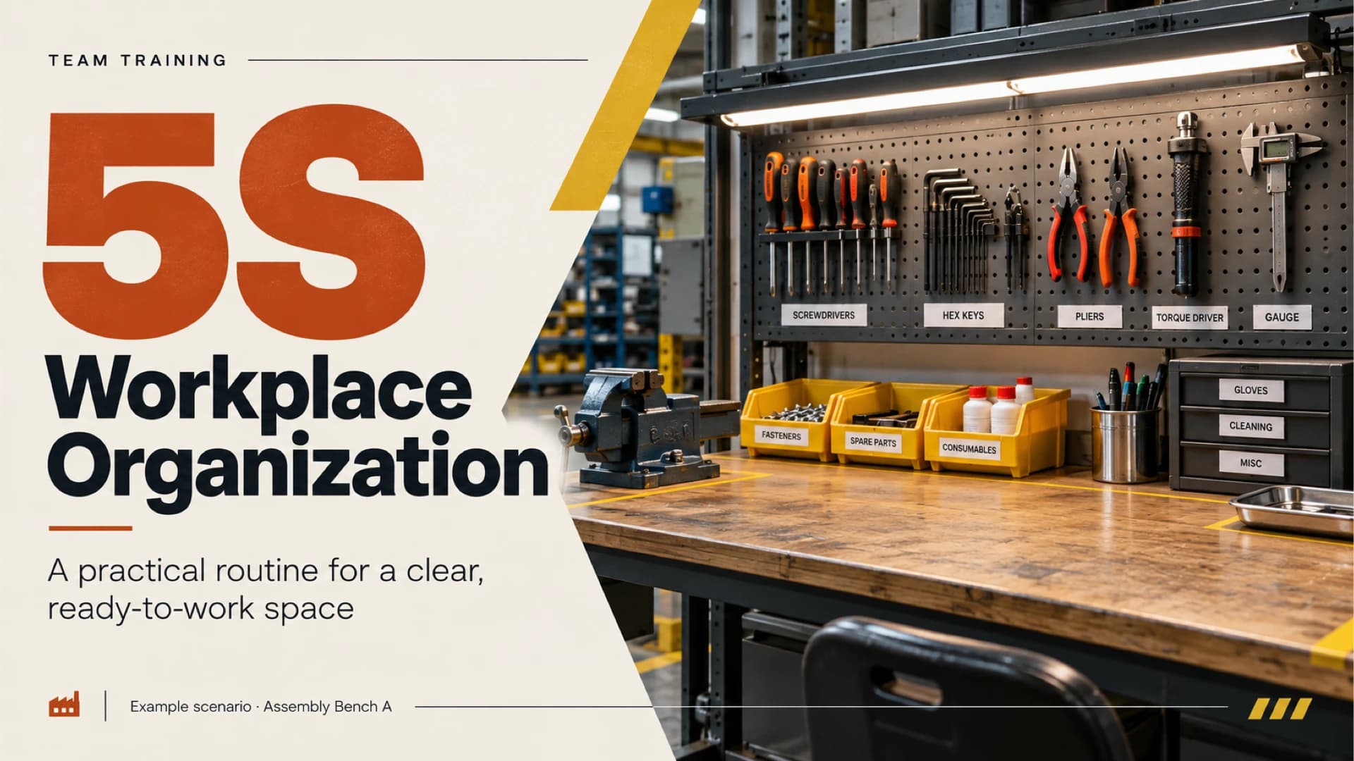 5S workplace organization cover with large orange and charcoal lettering beside an orderly tool bench photograph, marked as an example scenario.