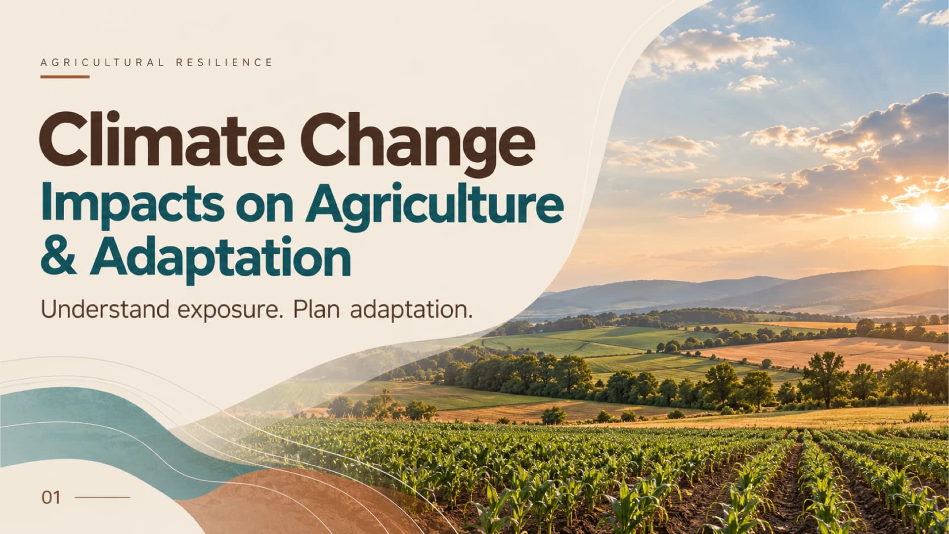 Capa sobre mudanças climáticas e adaptação agrícola com foto ensolarada de área rural e título em verde-azulado