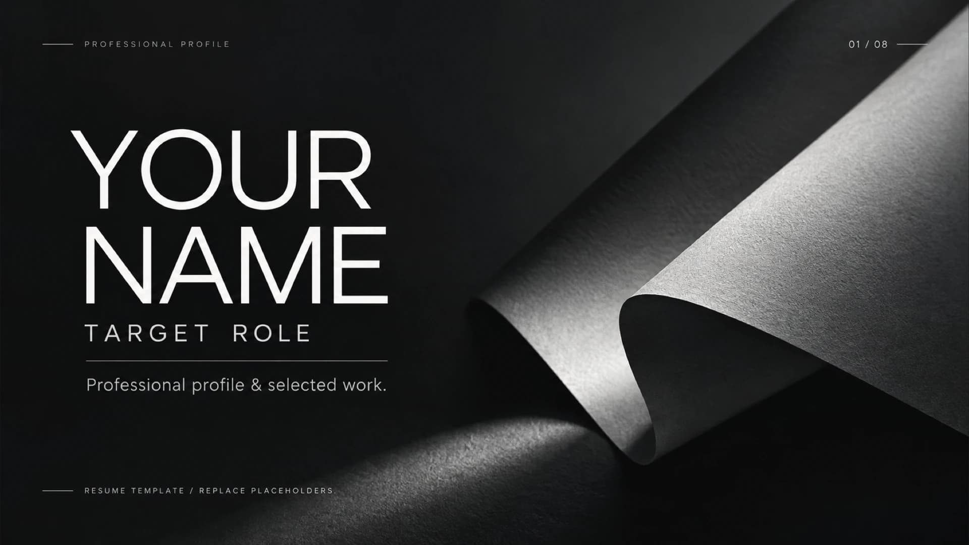 Dark resume cover with large name and role placeholders beside a silver folded-paper image