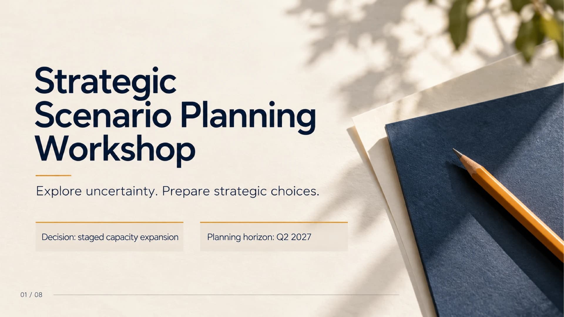 Scenario planning workshop cover with navy type, warm paper and a pencil on navy sheets.