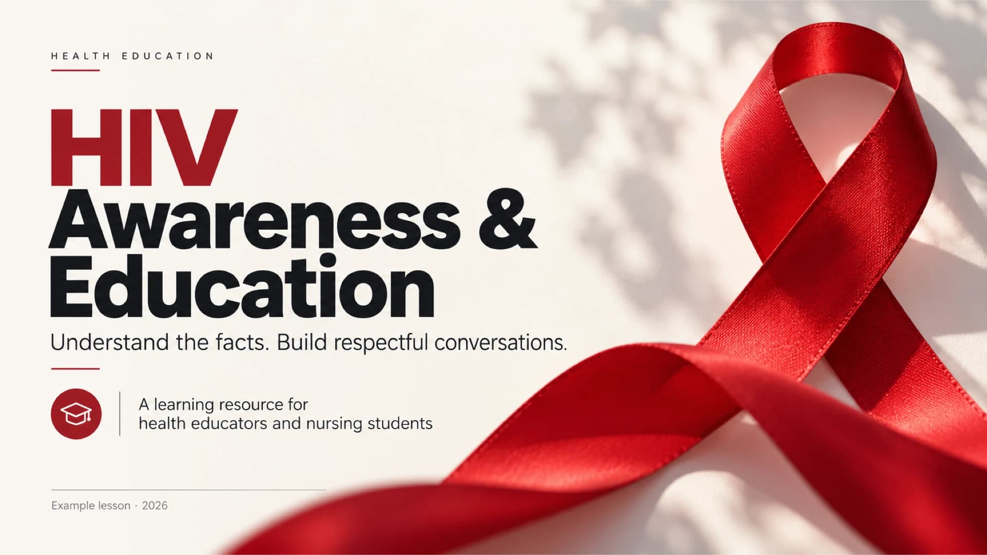 HIV awareness lesson cover with a large red ribbon on the right and bold black-and-red text on a warm paper background.