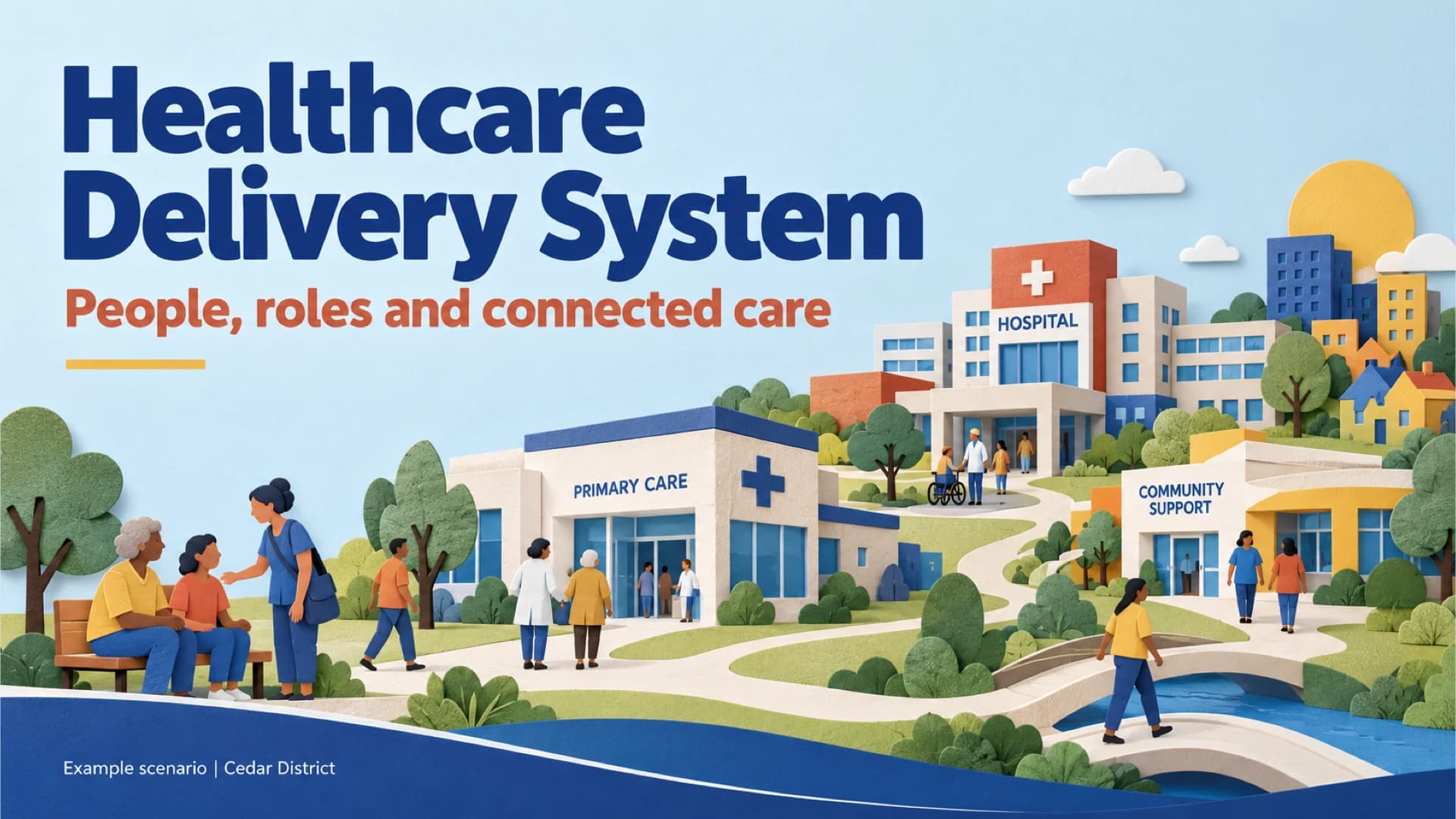 Healthcare delivery system cover showing a hospital, primary care clinic, community support center and residents