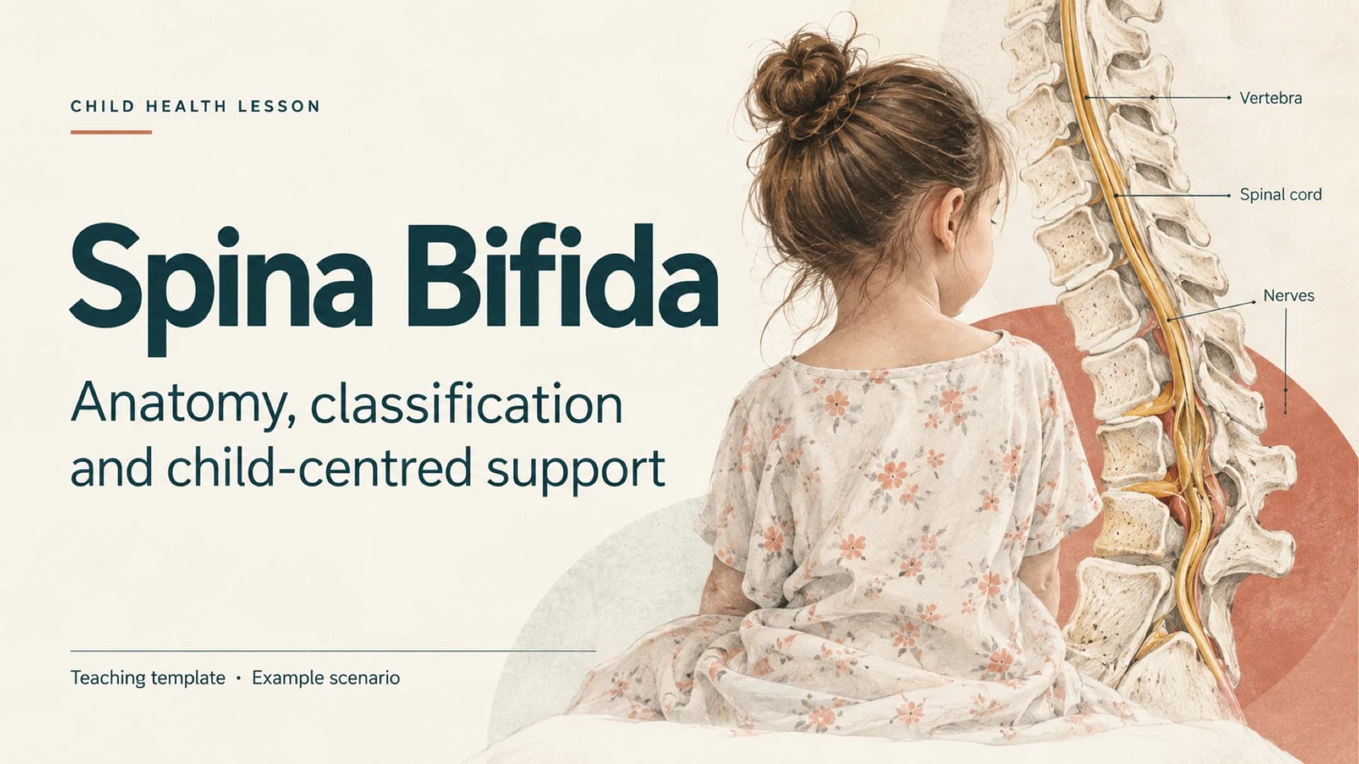 Spina bifida lesson cover with a child beside a labelled spinal illustration