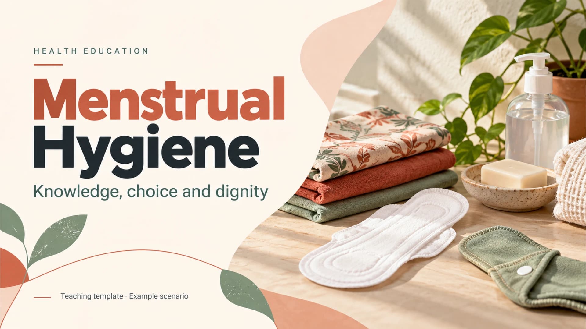 Menstrual hygiene cover with reusable pads, folded cloths, soap and a plant beside a bold title.