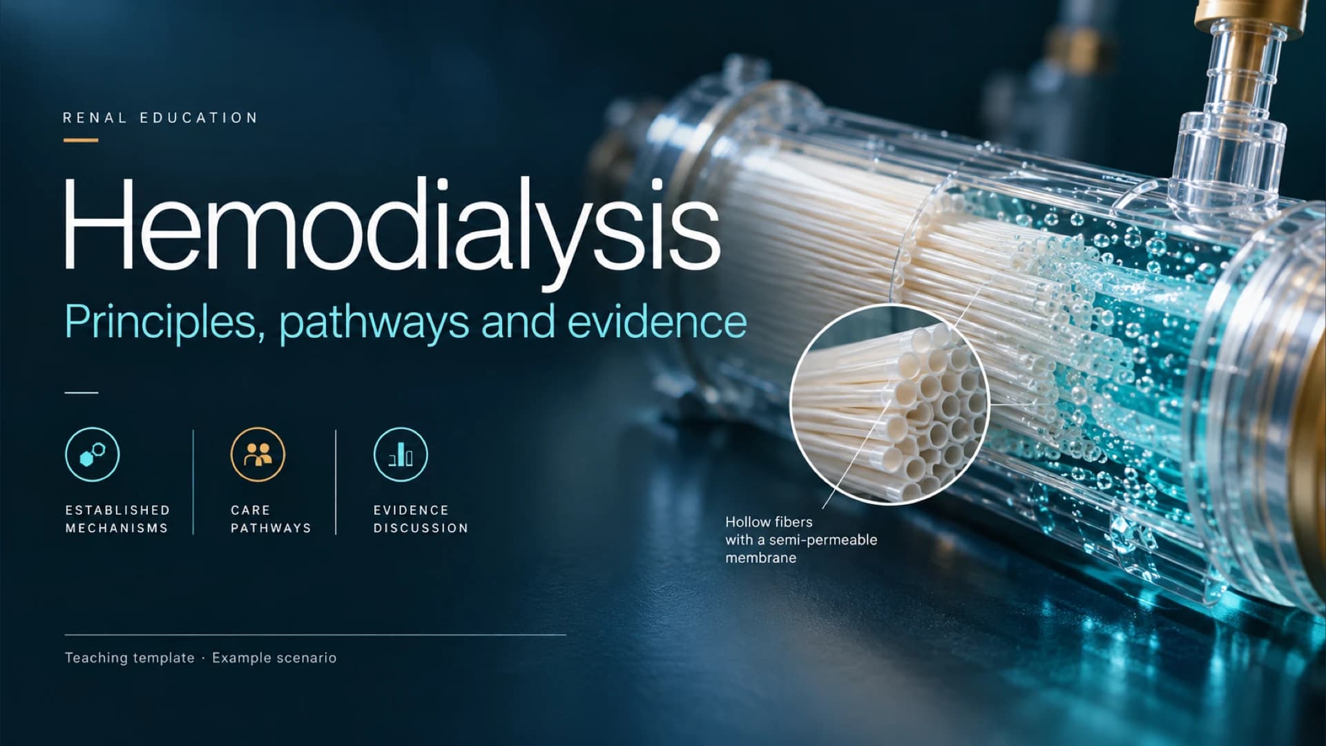 Hemodialysis lesson cover with a close-up dialyzer and inset showing hollow fibers.
