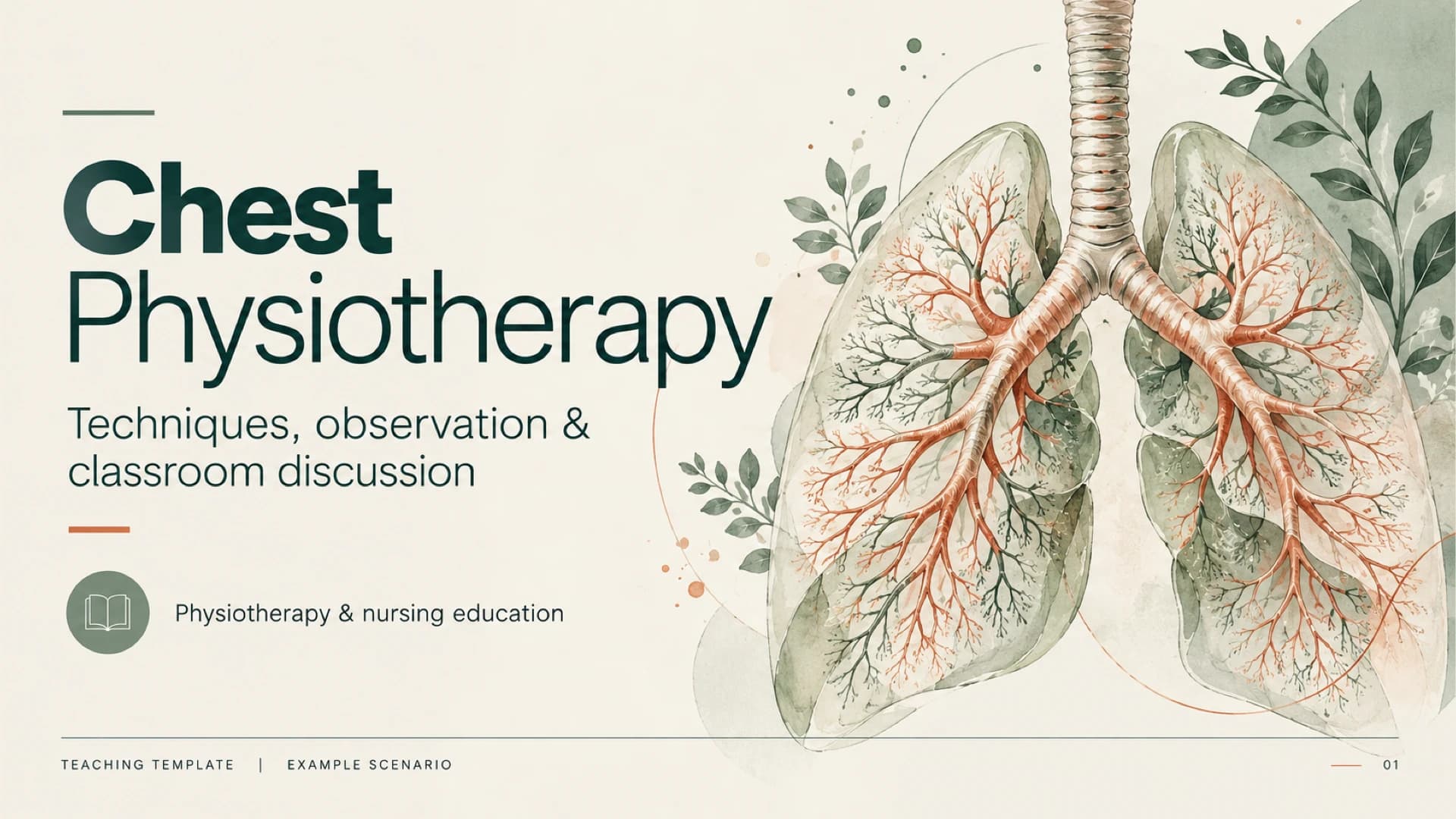Chest physiotherapy teaching cover with a watercolor illustration of lungs and branching airways