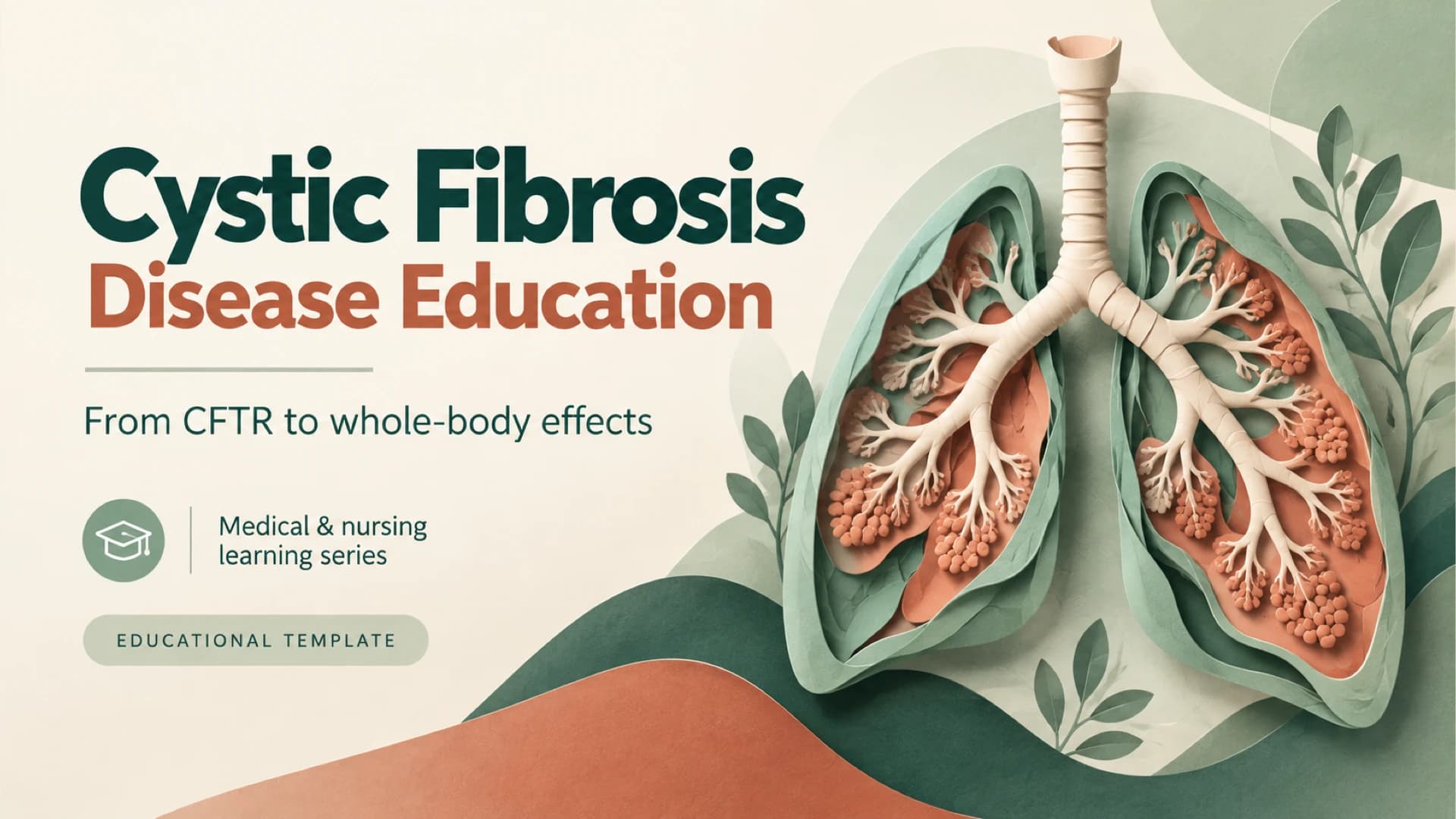 Cystic fibrosis education cover with a layered illustration of lungs and airways.
