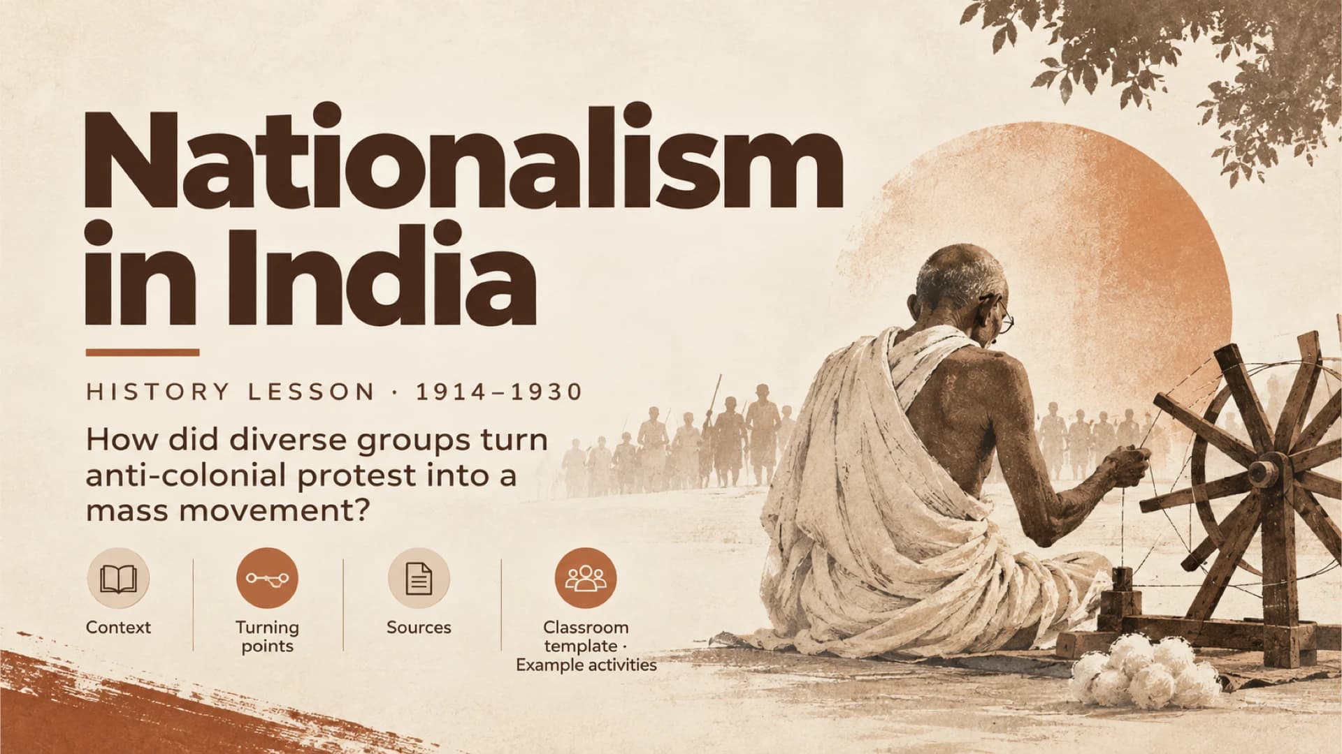 Sepia cover slide titled Nationalism in India with an inquiry question, four lesson icons and an illustration of a man at a spinning wheel with marchers behind