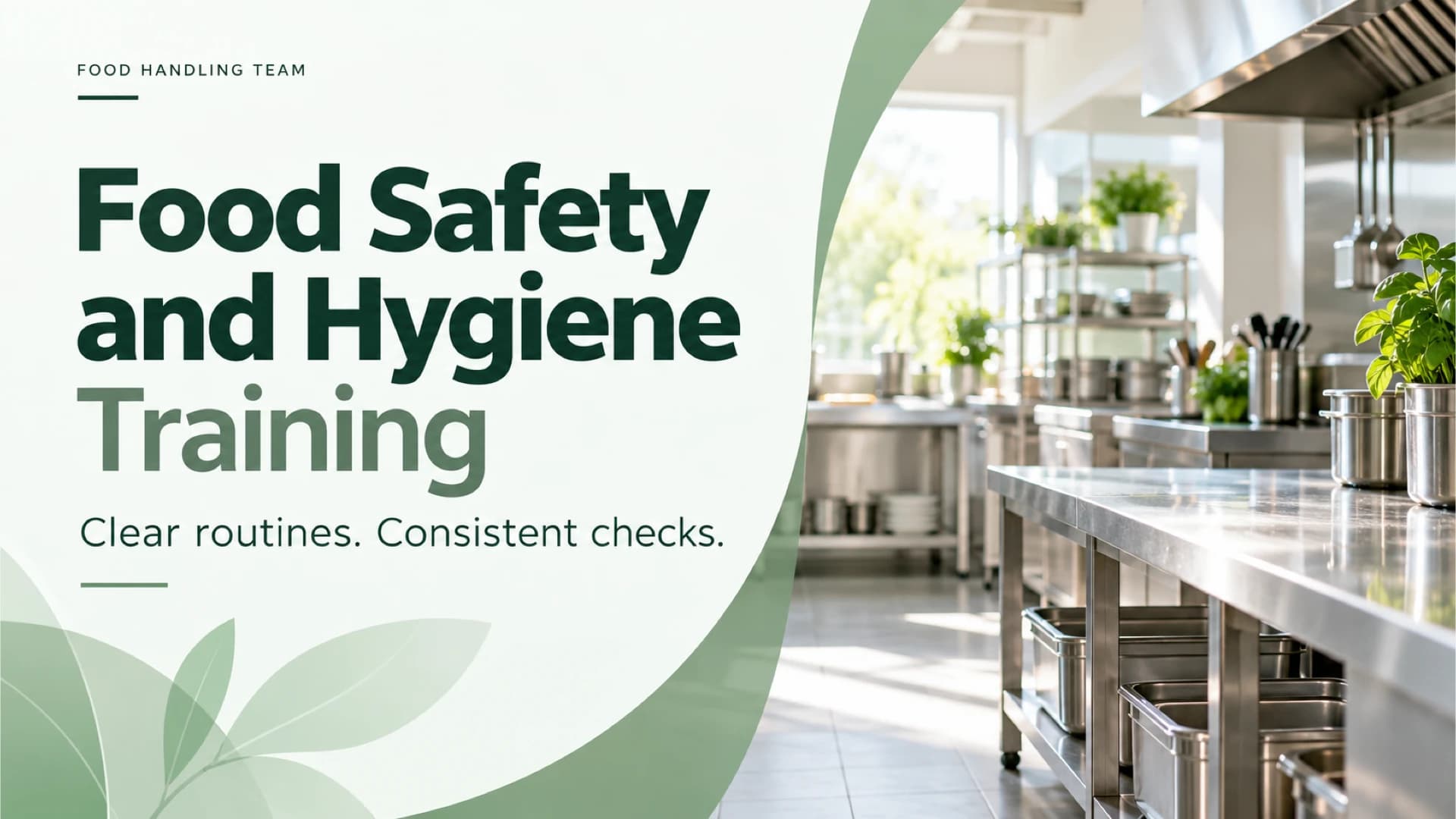 Cover slide reading Food Safety and Hygiene Training with the tagline Clear routines. Consistent checks. on a pale green curved panel beside a stainless-steel kitchen with potted herbs