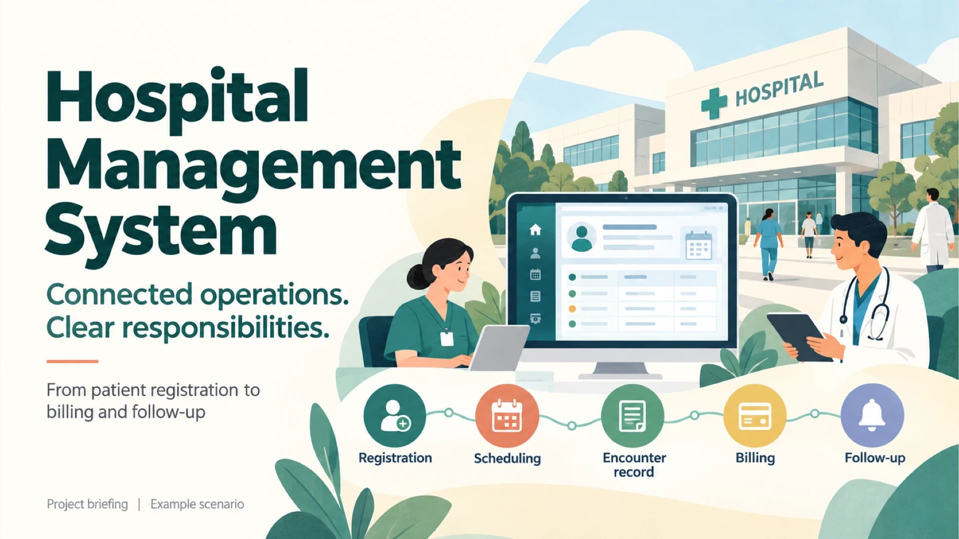 Cover slide titled Hospital Management System with an illustration of a nurse and doctor at a computer outside a hospital and a five-icon row for registration, scheduling, encounter record, billing and follow-up