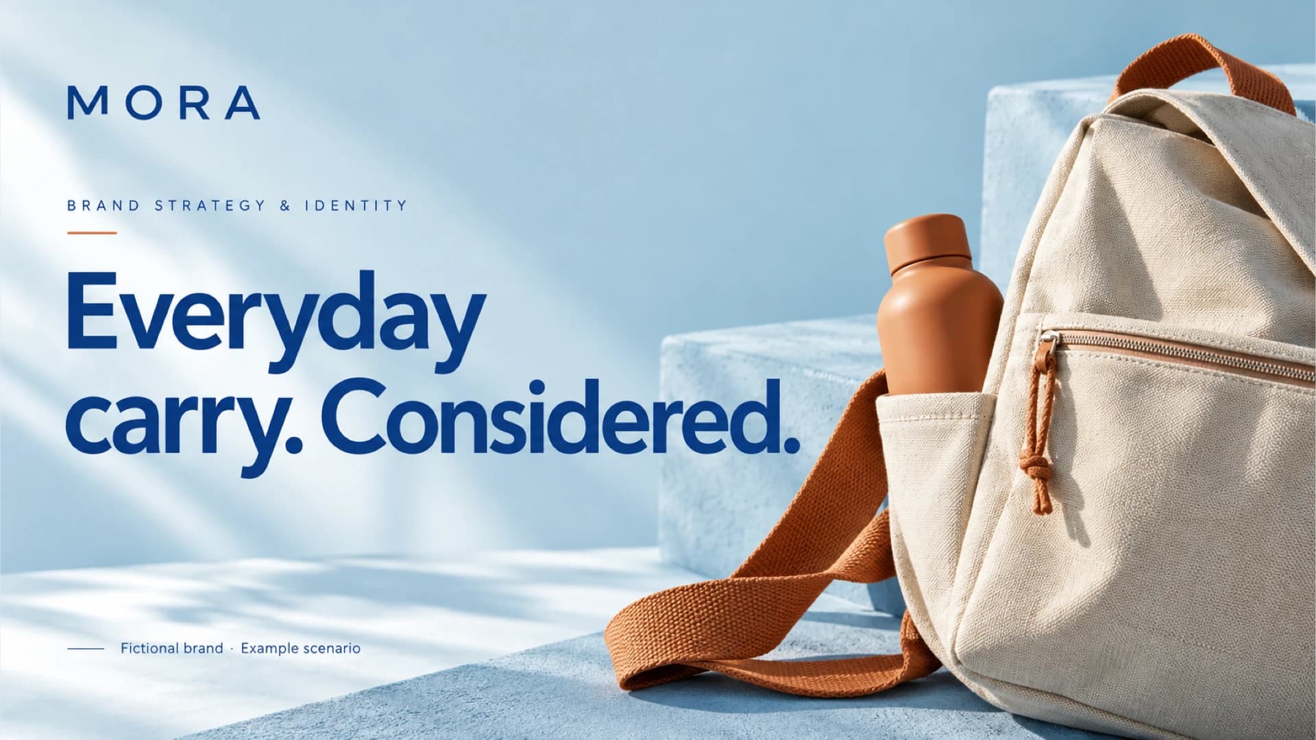 Titelfolie der Markenpräsentation mit kobaltblauer MORA-Wortmarke, Headline „Everyday carry. Considered.“ und Canvas-Rucksack mit Terrakotta-Gurtband und Flasche auf puderblauer Stufe