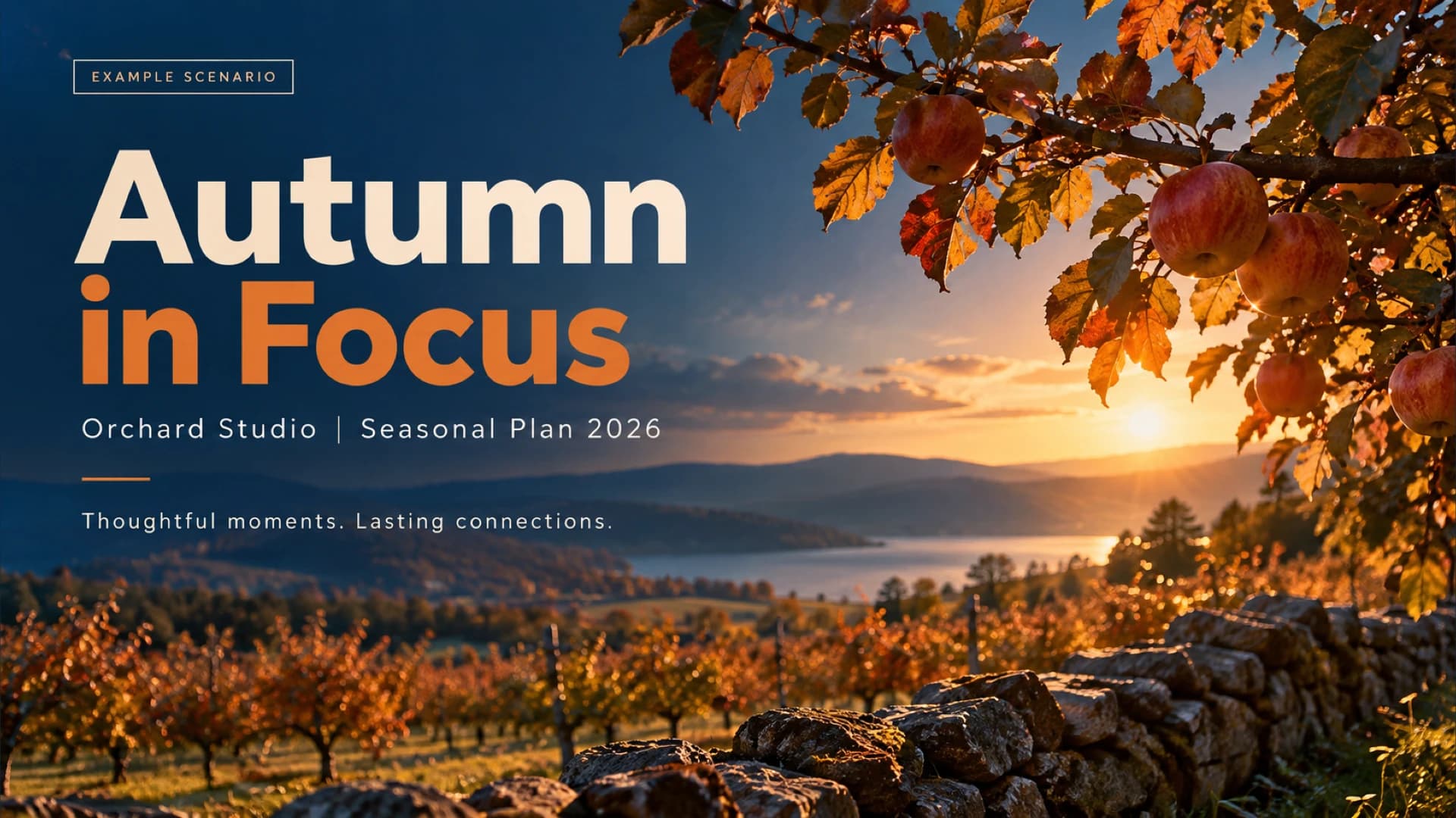 Autumn in Focus cover with cream and orange lettering beside apples and a sunset orchard