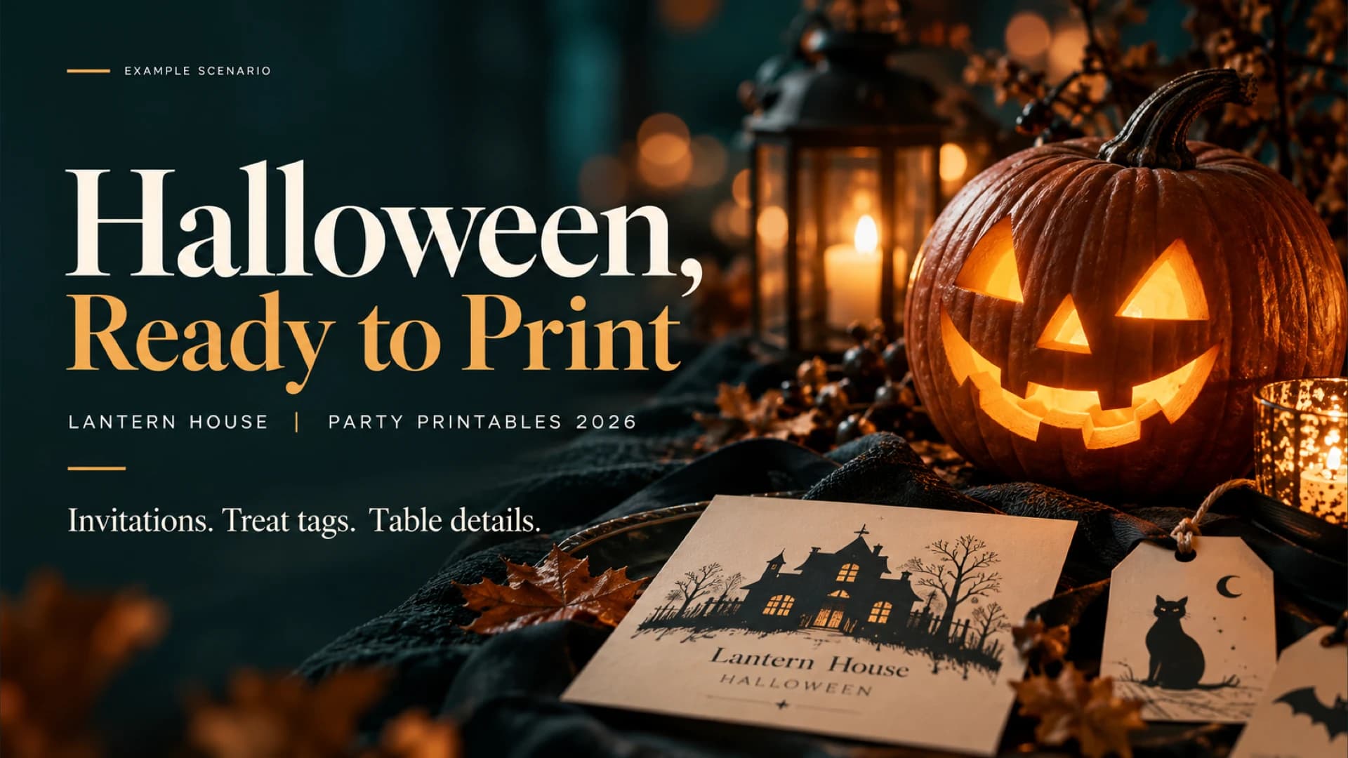Halloween Ready to Print cover with a glowing jack-o-lantern, invitation and treat tags