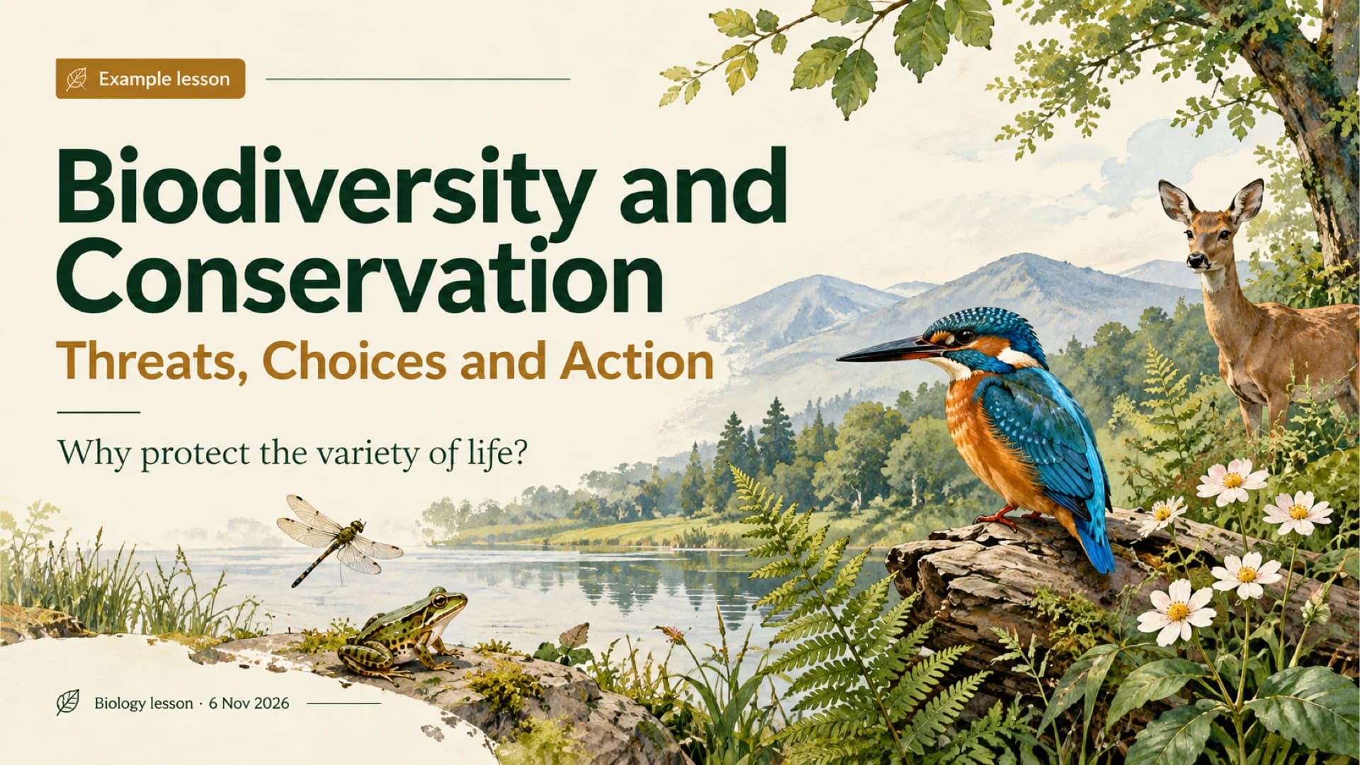 Biodiversity and conservation title slide with a kingfisher, deer and wetland illustration